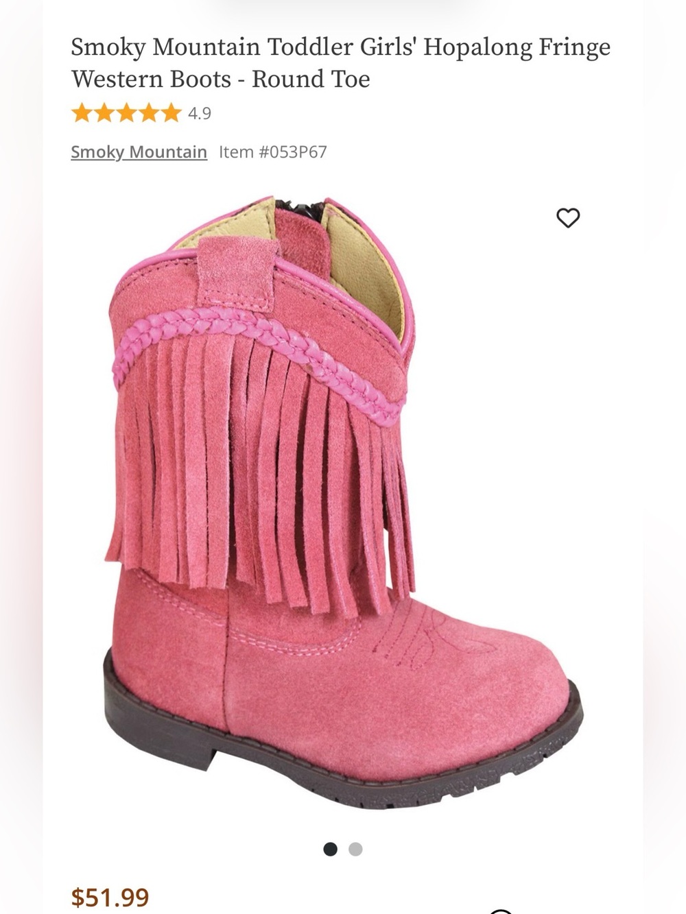Smoky Mountain Toddler Girls' Fringe Western Cowgirl Boots - NWT